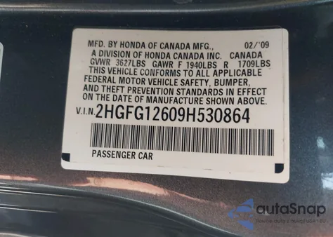2009 Honda Civic Lx z USA, uszkodzony, nr VIN 2HGFG12609H530864